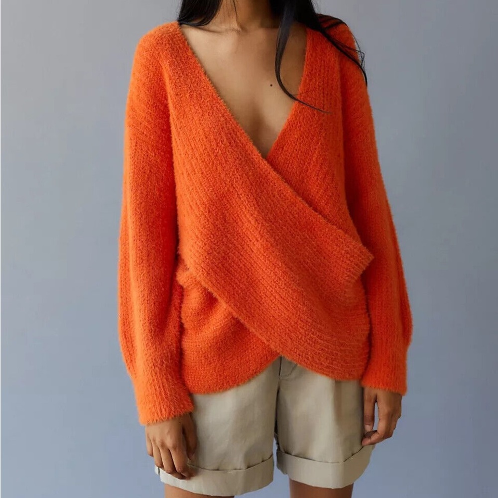 UO Orange Fuzzy Wrap Sweater XS
